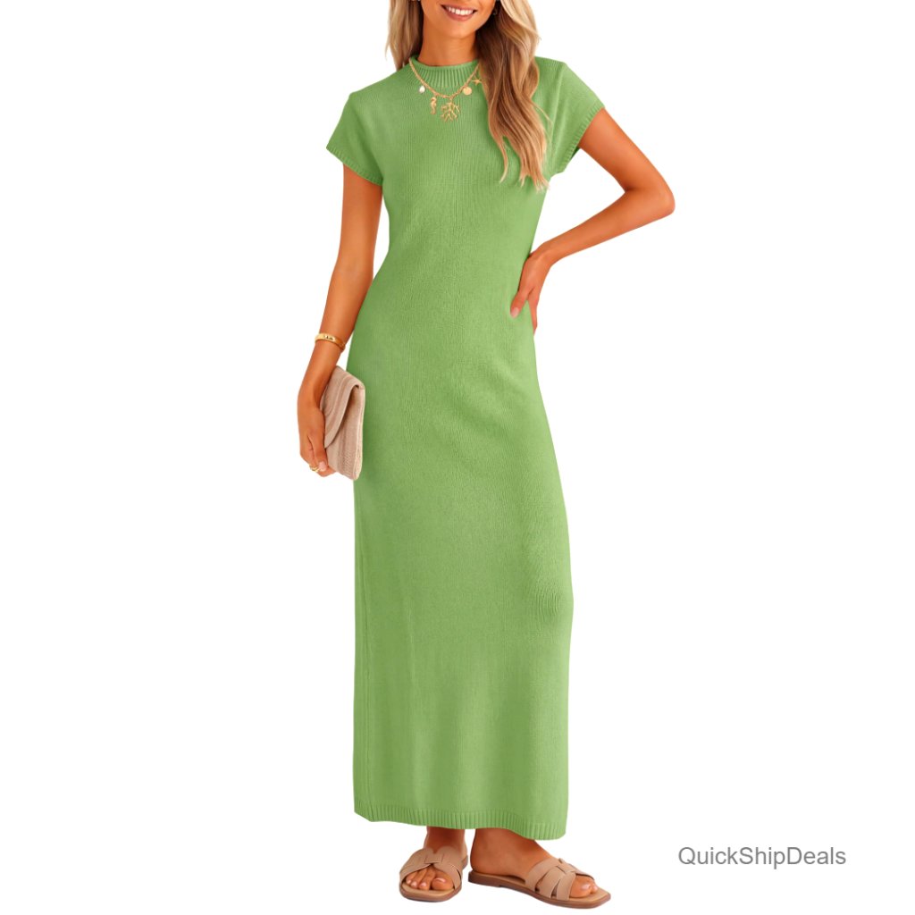 Slim Fit Maxi Dress Crew Neck Short Sleeve Knit Business Casual Vacation